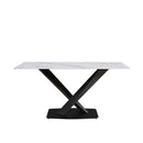 63" Modern Artificial Stone Straight Edge Metal X-Leg Dining Table, 6 People - White / Black by HouseOfZazla