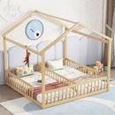 Double Twin House-Style Floor Bed with Fence, Guardrails, without door, Natural(Old Sku:W504P143318)