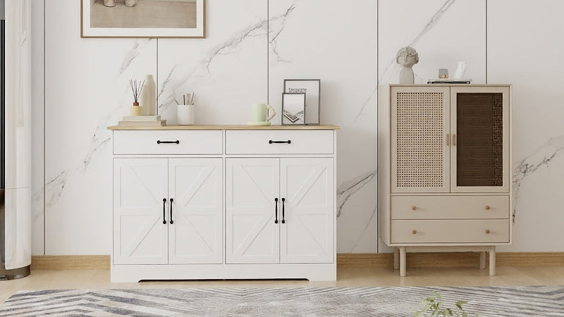 47.95" Farmhouse Buffet Cabinet Storage Sideboard with 2 Drawers and 4 Doors for Dining Living Room Kitchen Cupboard-White