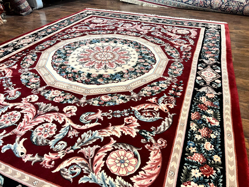Chinese Aubusson Rug 9x12, Burgundy, Handmade Vintage Wool Carpet, Fine 210 KPSI, Elegant European Design