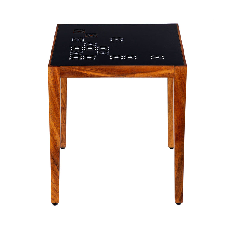 Alba 22 Inch 3 Piece Nesting Table Set, Laser Cut Metal, Black, Brown