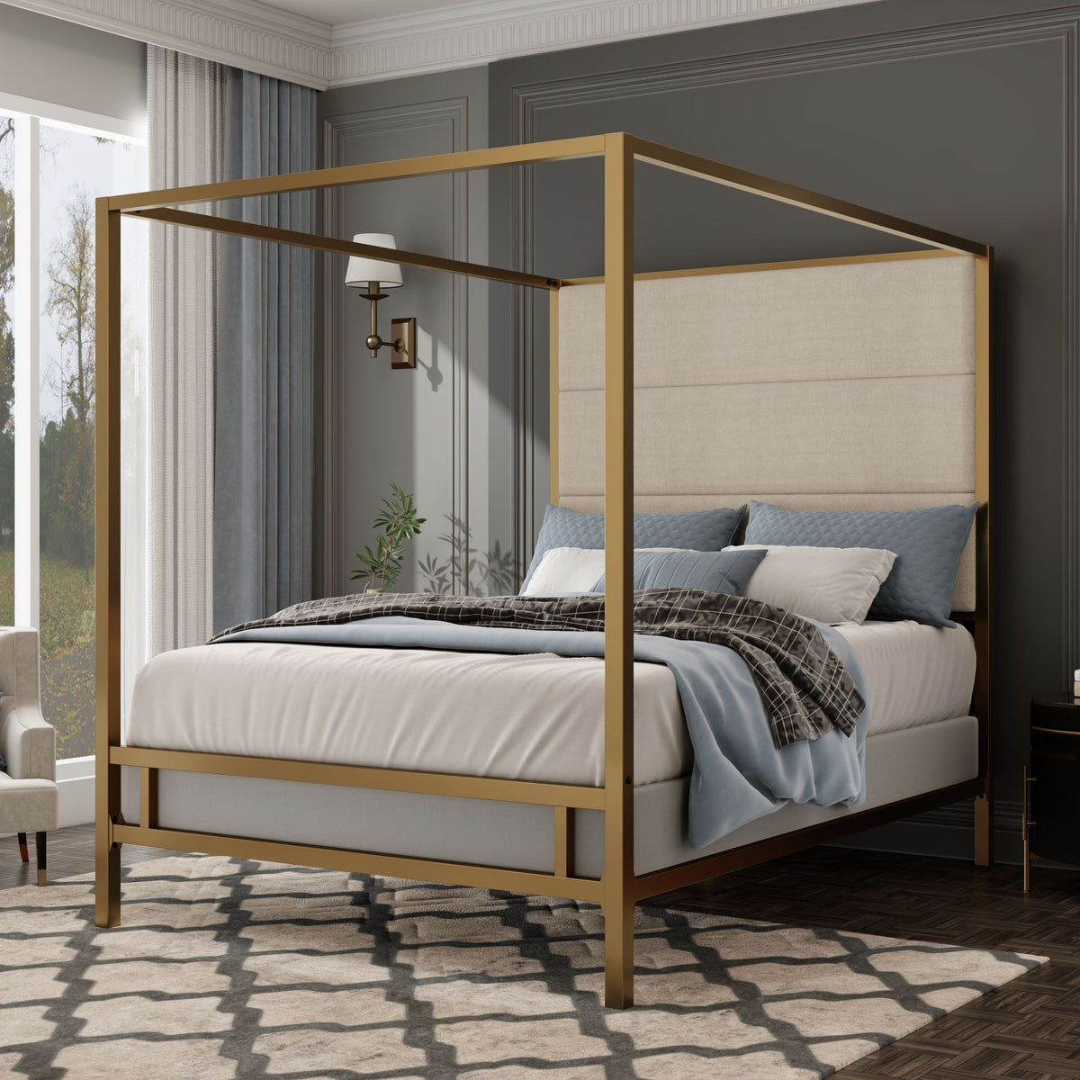 Canopy Bed With Tall Upholstered Headboard, 4 Poster Frame, photo 9 of 21