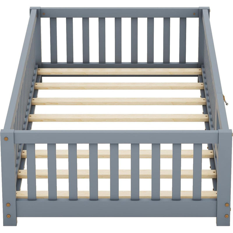 Twin Size Bed Floor Bed with Safety Guardrails and Door for Kids, Gray