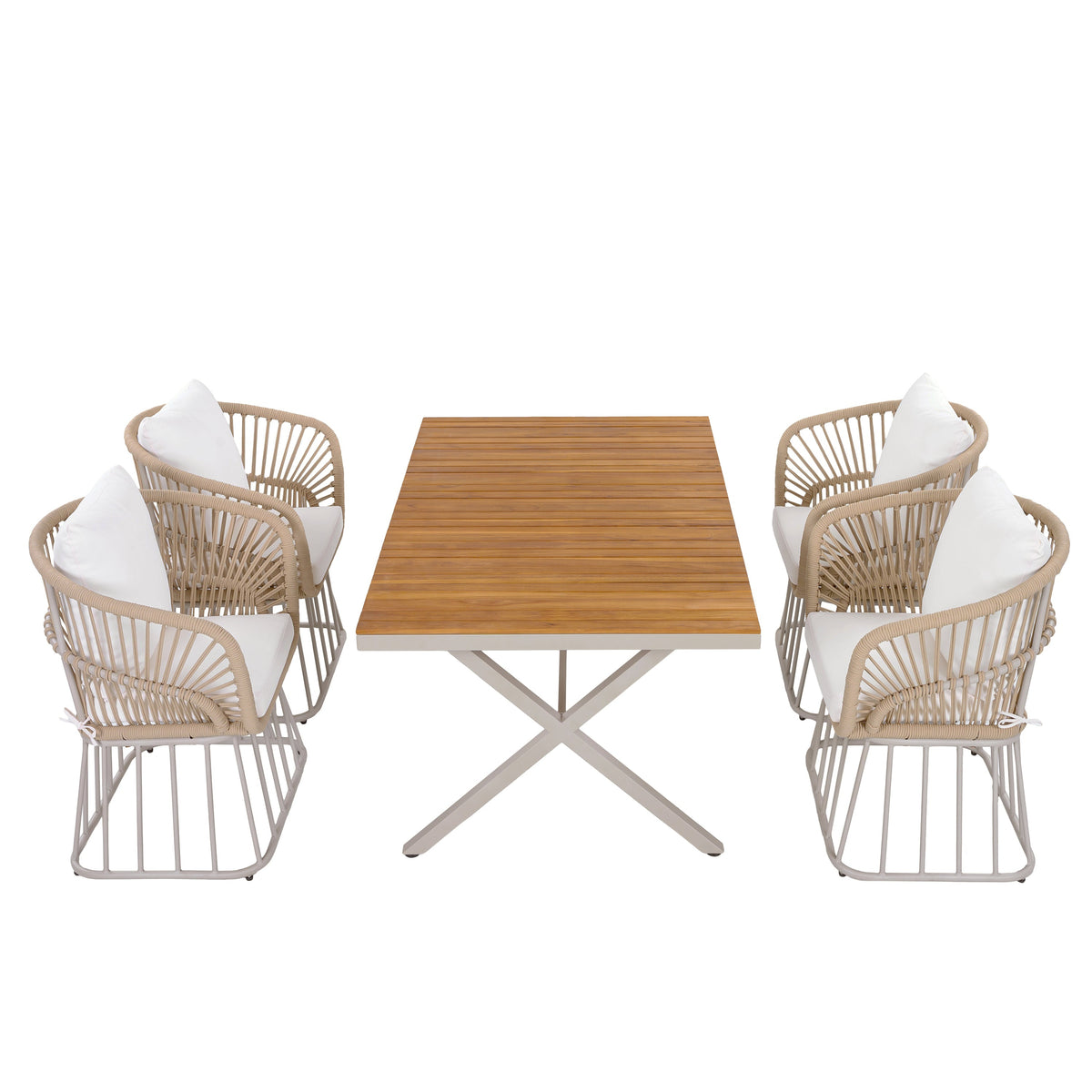Outdoor 5-Piece Dining Set - Rectangular Teak Wood Table + 4 Wicker Chairs with Cushions, photo 5 of 10