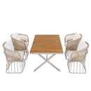 Outdoor 5-Piece Dining Set - Rectangular Teak Wood Table + 4 Wicker Chairs with Cushions by HouseOfZazla