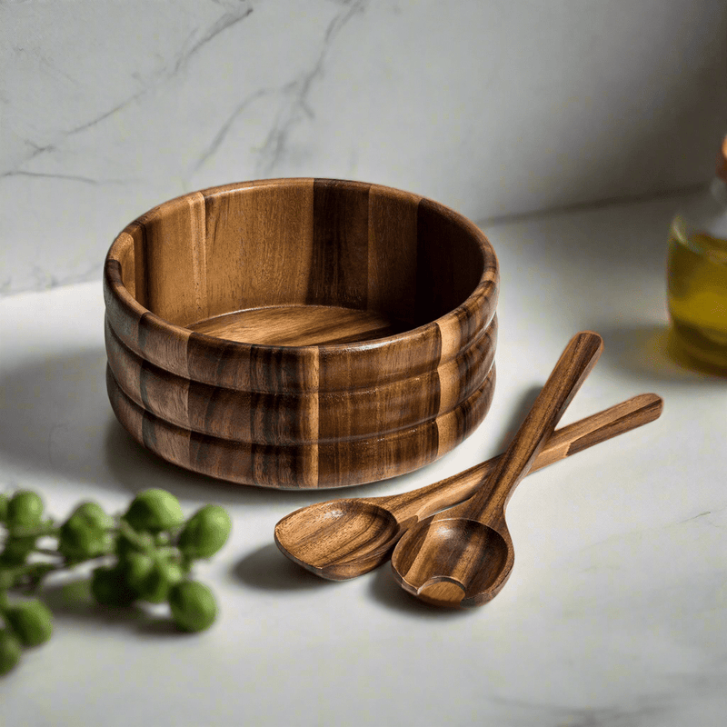 Acacia Wood Salad Bowl with Servers – Handcrafted Large Wooden Serving Bowl