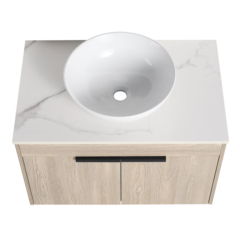 30" Modern Design Float Bathroom Vanity With Ceramic Basin Set, Wall Mounted White Oak Vanity With Soft Close Door, KD-PackingD-Packing Pieces