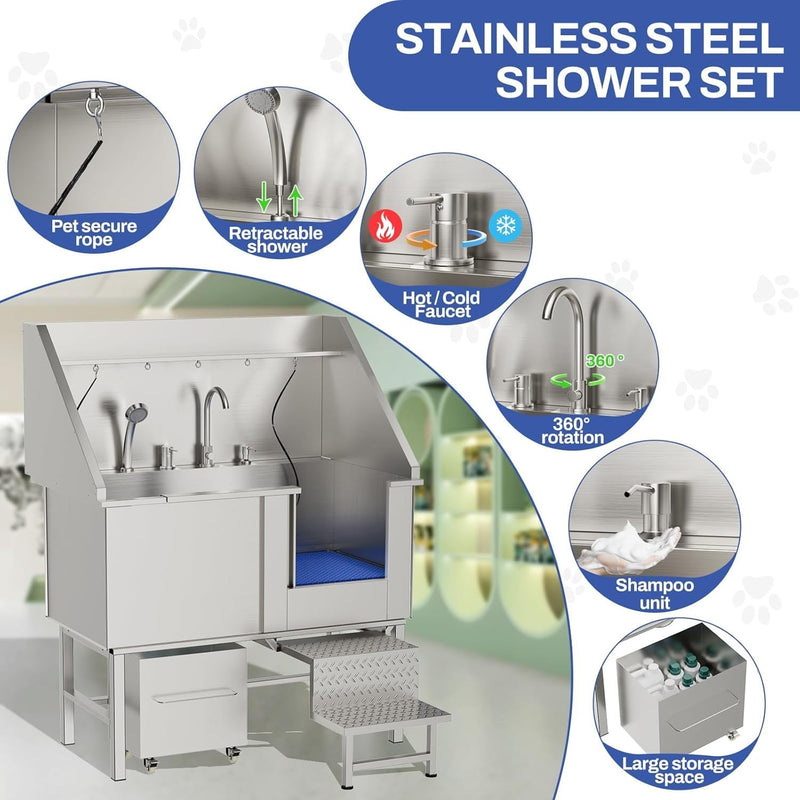 Stainless Steel Dog Washing Station with Seamless Design and Accessories, Silver, 50 Inch