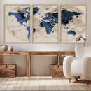 Vintage Blue World Map Canvas Wall Art – Antique Style