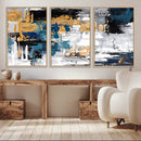 Blue and Gold Abstract Canvas Wall Art – Triptych Modern