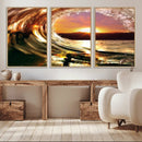 Golden Wave Sunset Triptych Canvas Art, Giclee Canvas Print