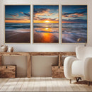 Sunset on the Ocean Beach with Waves, Reflections on Sand,