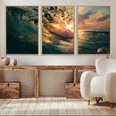 Ocean Wave Sunset Canvas Wall Art – Triptych Seascape Print