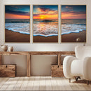 Sunset Beach Canvas Wall Art – Colorful Ocean Waves Triptych
