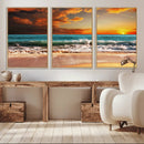 Golden Sunset Beach Canvas Wall Art – Triptych Seascape