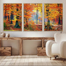 Autumn Red Forest Triptych Canvas Wall Art Print, Forest
