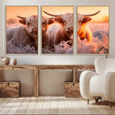 Highland Cows at Sunrise Wall Art Canvas Set – Serene and