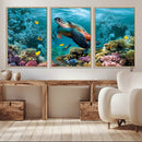 Sea Turtle and Coral Reef Triptych Wall Art – Vibrant