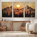Wood Style Abstract Mountain Sunset Canvas Wall Art Print -