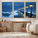 Stormy Ocean Pier Lights Canvas Wall Art Print - Large Moody by MyGreatCanvas | Canvas Wall Art Prints | Photo Prints & Wall Decor