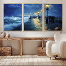 Storm Ocean Pier Canvas Wall Art Print - Large Moody Night