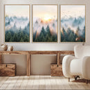 Misty Pine Forest Wall Art Canvas, Sunrise Over Foggy Trees