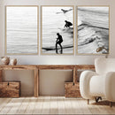 Surfers on Waves Wall Art Canvas Print – Framed Black and