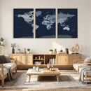 Blue Detailed World Map Wall Art Canvas Print, Modern Framed