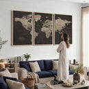 World Map Canvas Wall Art Dark Charcoal Antique Tan Detailed