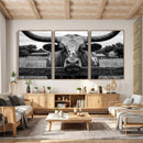 Black White Texas Longhorn Bull Canvas Wall Art, Western Ranch Cattle Photography Print, Rustic Farmhouse Cowboy Decor Artwork