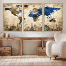 World Map Canvas Print – Vintage Blue and Gold World Map