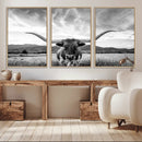 Longhorn Black and White Wall Art – Rustic Western Bull