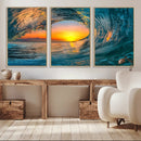 Ocean Wave Sunset Wall Art | Large Coastal Wave Canvas Print