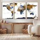 Modern Abstract World Map Canvas Wall Art – Framed Blue and