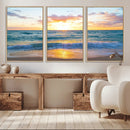 Golden Sunset Over Ocean Waves - Serene Coastal Triptych