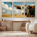 Longhorn in the Prairie - Stunning Ranch-Style Triptych Wall
