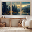 Mountain Cabin by the Lake at Sunset Wall Art - Serene