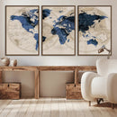 Vintage Blue World Map Canvas Wall Art – Antique Style