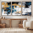 Blue and Gold Abstract Canvas Wall Art – Triptych Modern