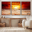 Red Sunset Ocean Beach Canvas Wall Art Beach Canvas, Coastal