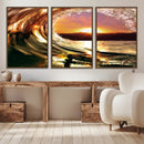 Golden Wave Sunset Triptych Canvas Art, Giclee Canvas Print