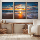 Sunset on the Ocean Beach with Waves, Reflections on Sand,