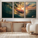 Ocean Wave Sunset Canvas Wall Art – Triptych Seascape Print