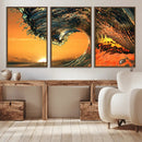 Surf Wave Sunset Canvas Wall Art Print, 3-Panel Ocean