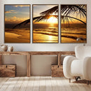 Golden Tropical Beach Sunset Canvas Triptych, Coastal Palm