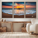 Sunset Beach Canvas Wall Art – Colorful Ocean Waves Triptych