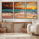 Golden Sunset Beach Canvas Wall Art – Triptych Seascape