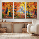 Autumn Red Forest Triptych Canvas Wall Art Print, Forest