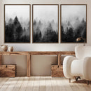 Foggy Black and White Forest Canvas Wall Art, 3 Panel Misty