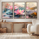Lotus Flower Wall Art | 3-Panel Giclee Canvas Print of Pink